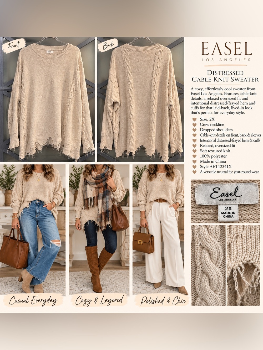 Easel Los Angeles 2X Oatmeal Distressed Cable Knit Oversized Boho Sweater